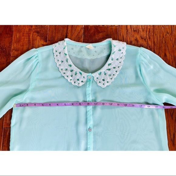 Seafoam mint teal sheer blouse with Sequin Collar - Picture 6 of 6